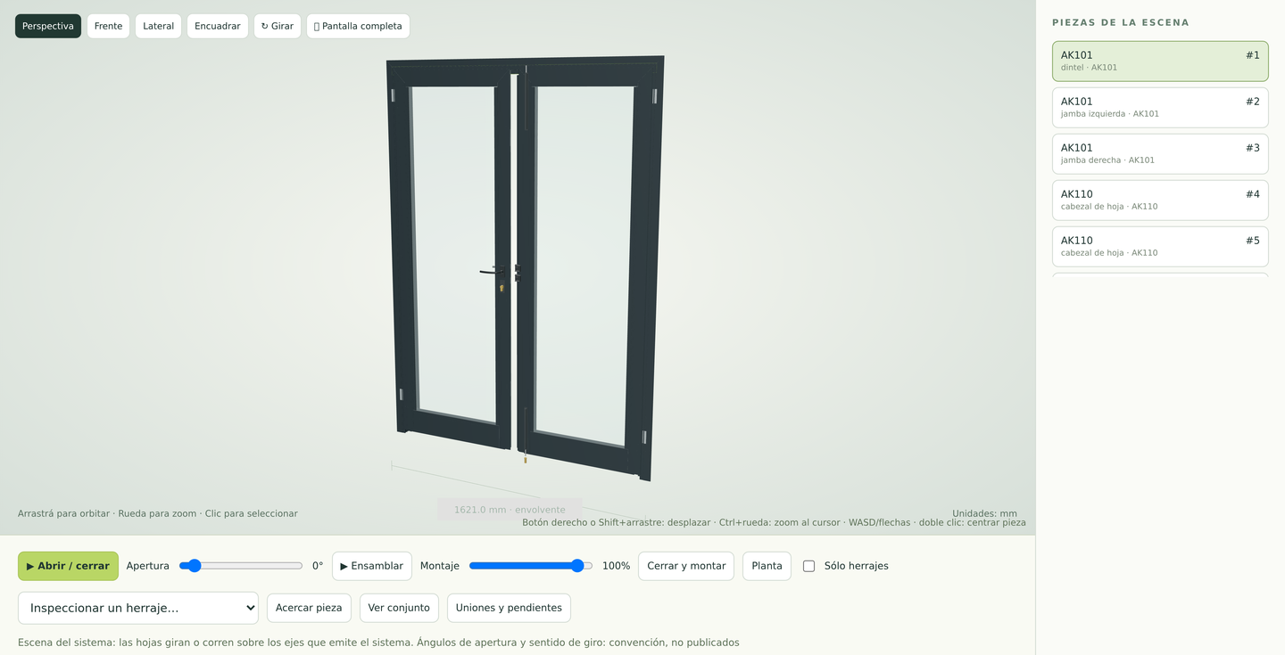 Captura de la Mesa de montaje de Abertio: la puerta en 3D, la lista de piezas de la escena y los controles de apertura y montaje